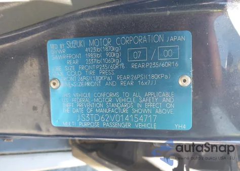 2001 Suzuki Grand Vitara Jlx/Jlx+/Limited from USA, damaged, VIN JS3TD62V014154717